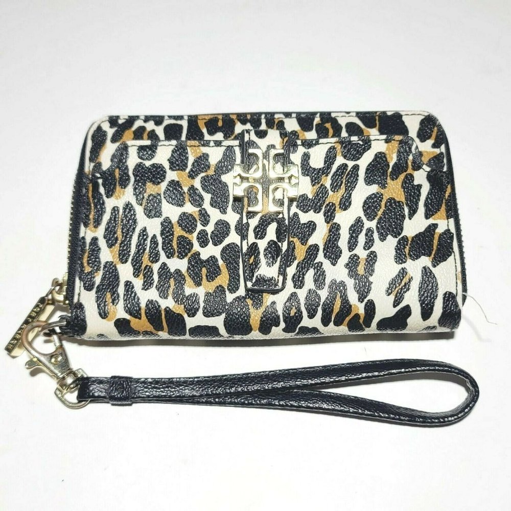Tory Burch Ocelot Leopard Print Leather Zip Around Gold Logo Wristlet Wallet